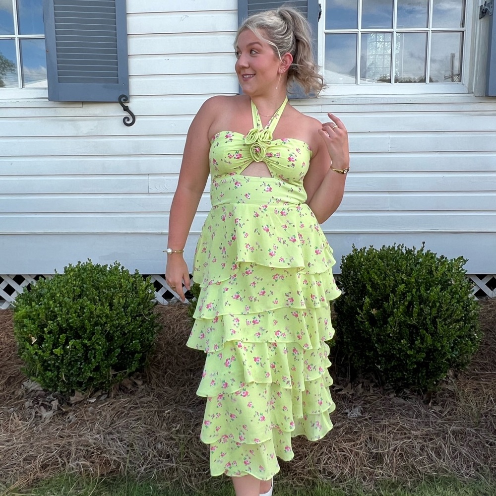 ASTR green floral halter dress